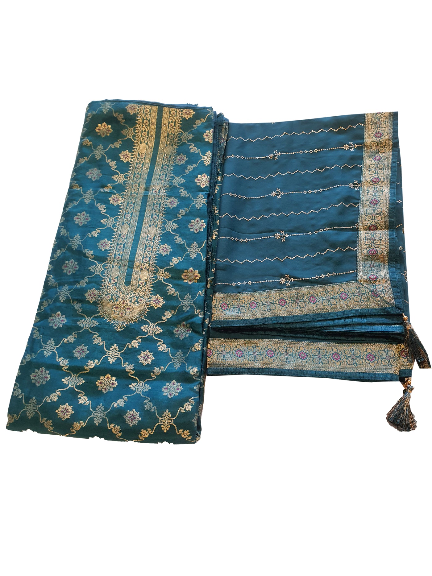 Blue Blended Silk Zari Woven Suit Set