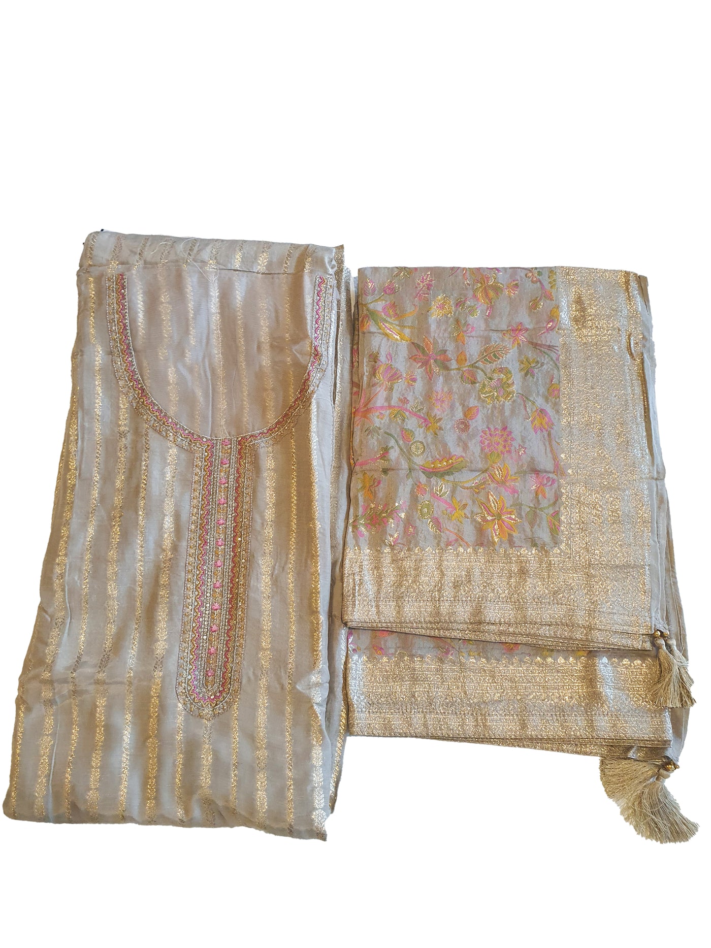 Tussar Modal Silk Zari Woven Neck Embroidered Suit Set