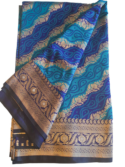 Navy Blended Silk Bandhani Printed Zari Woven Saree