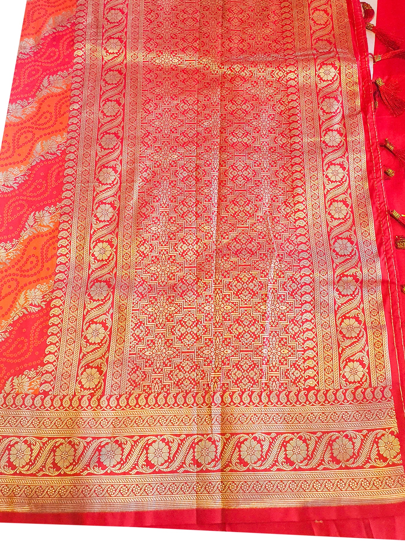 Orange Blended Silk Bandhani Printed Zari Woven Saree