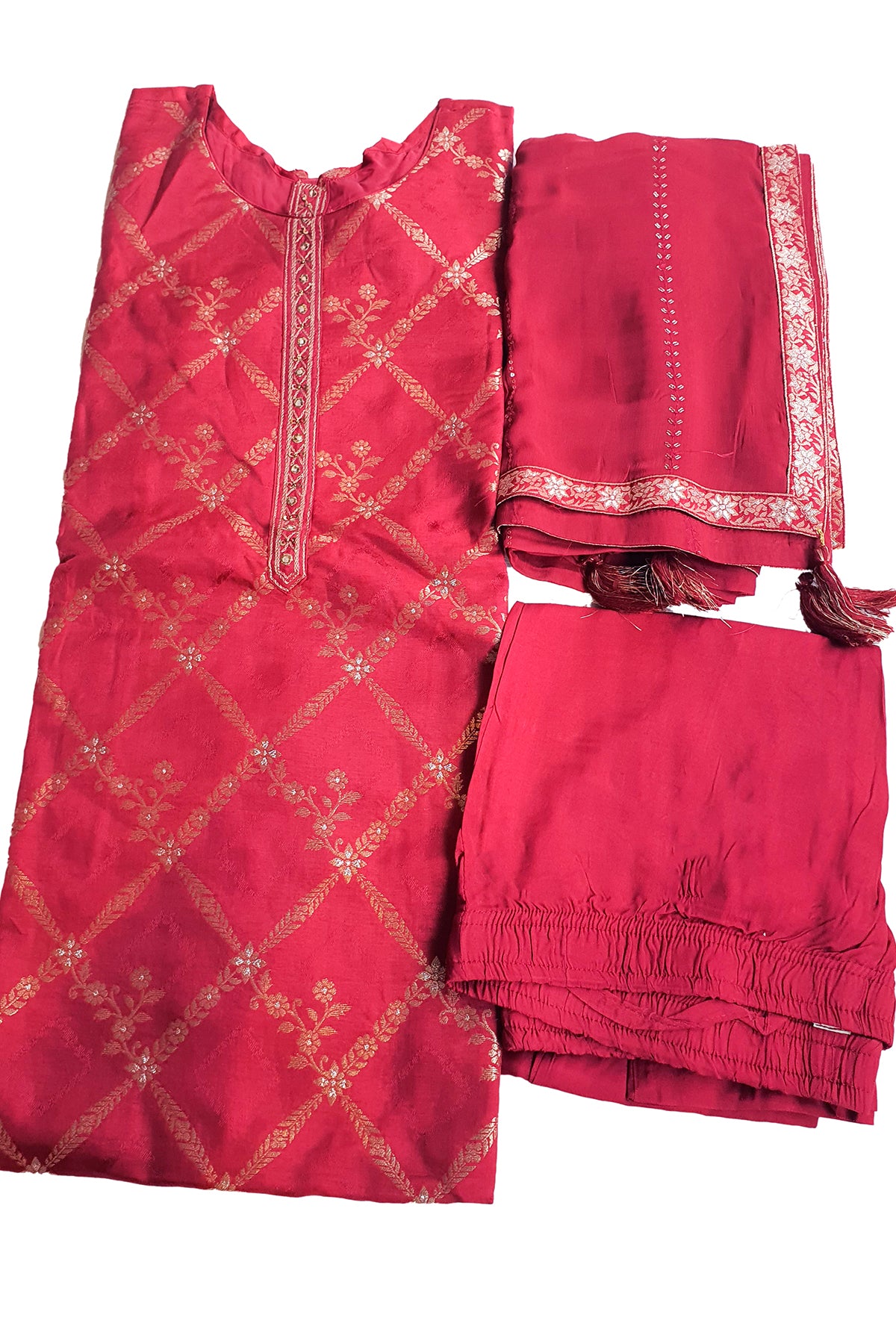 Red Modal Silk Zari Woven Kurti with Pant