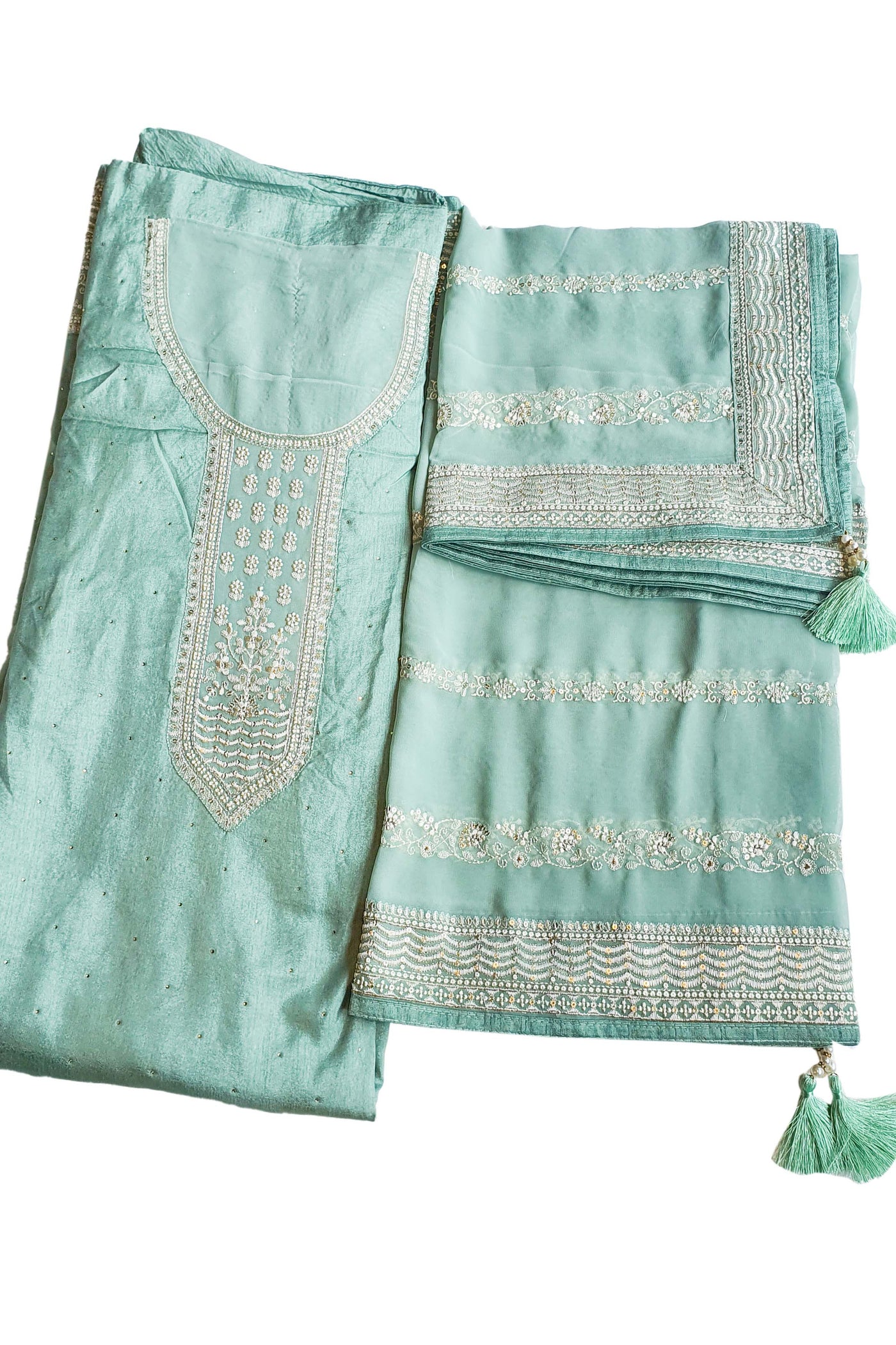 Sea Green Dola Silk Thread Embroidered Suit Set
