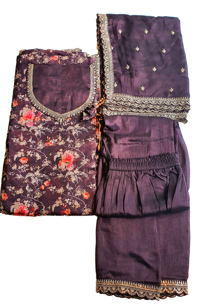 Brown Organza Embroidered Sharara Suit Set