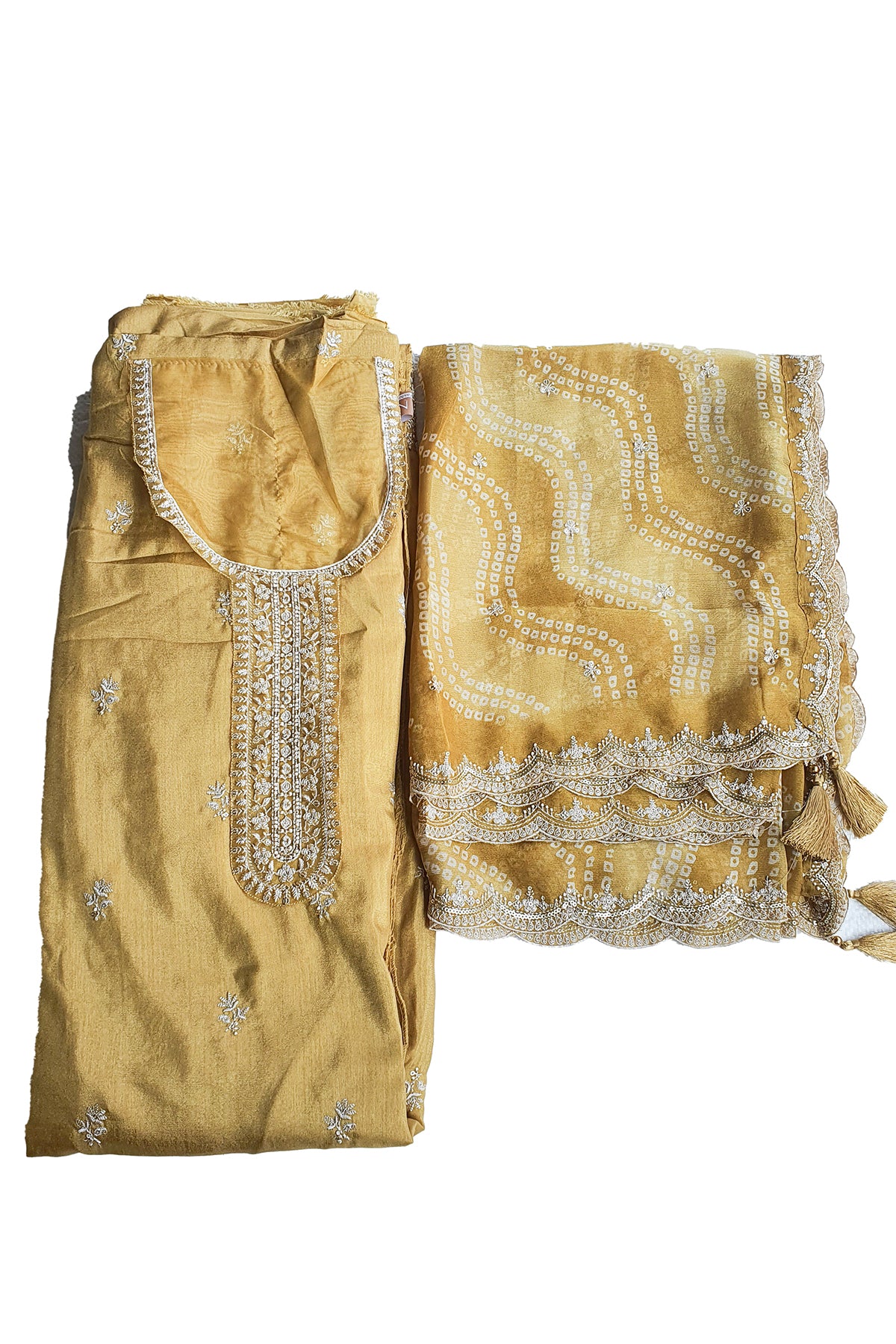 Mustard Dola Silk Embroidered Suit Set