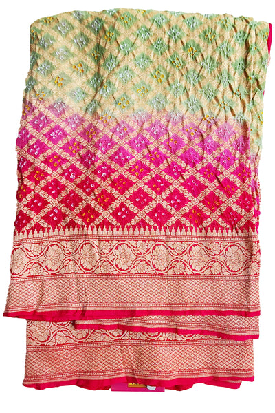 Green and Pink Georgette Bandhani Printed Saree