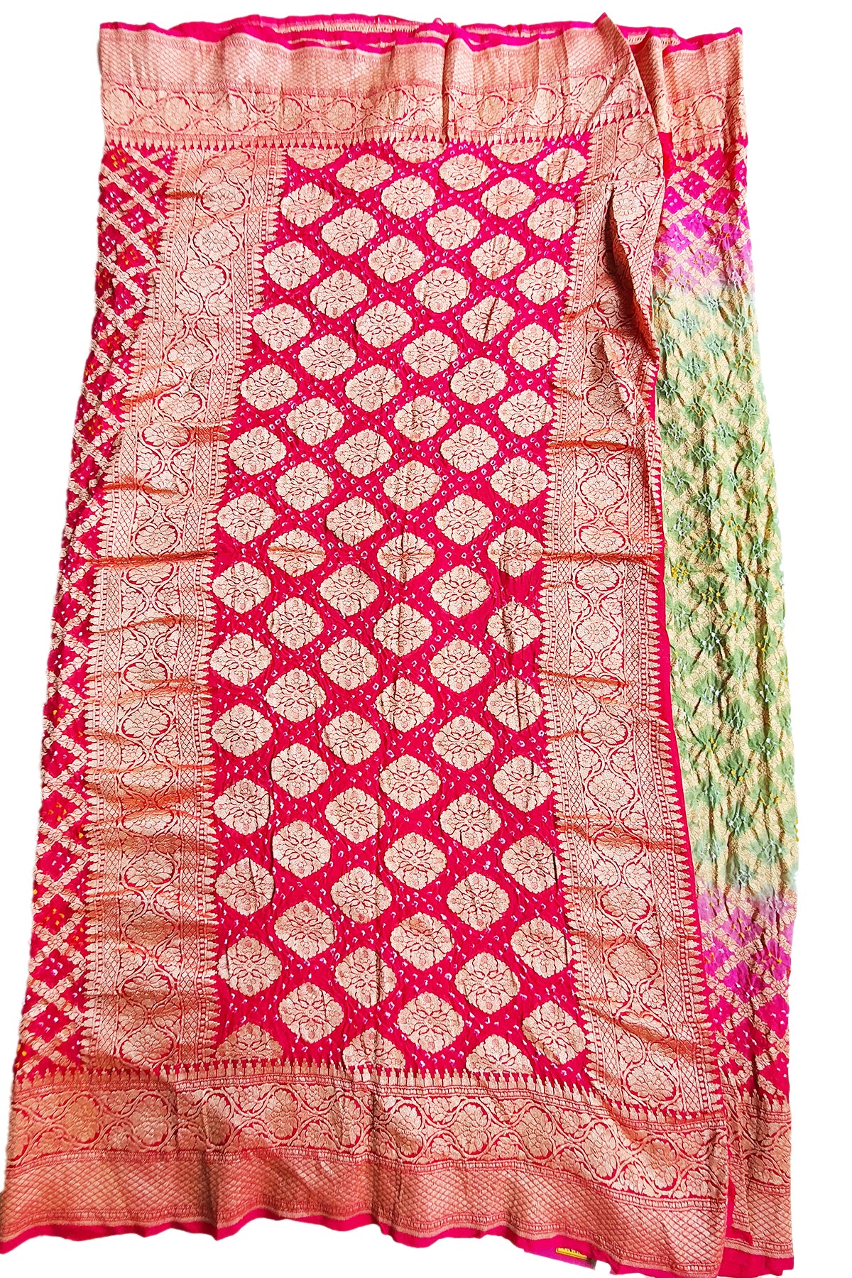 Green and Pink Georgette Bandhani Printed Saree