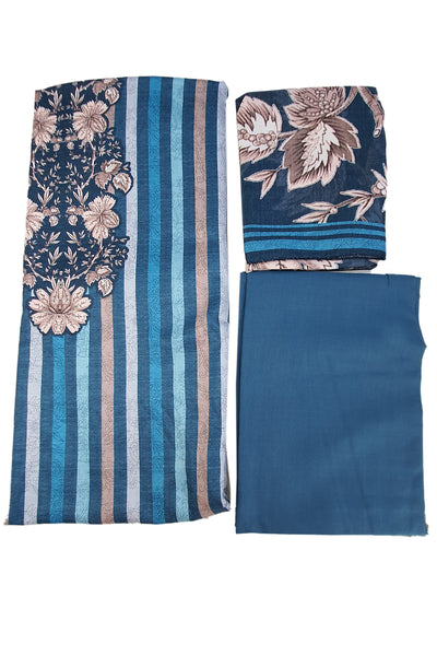 Blue Pashmina Floral With Striped Printed Unstitched Suit Set