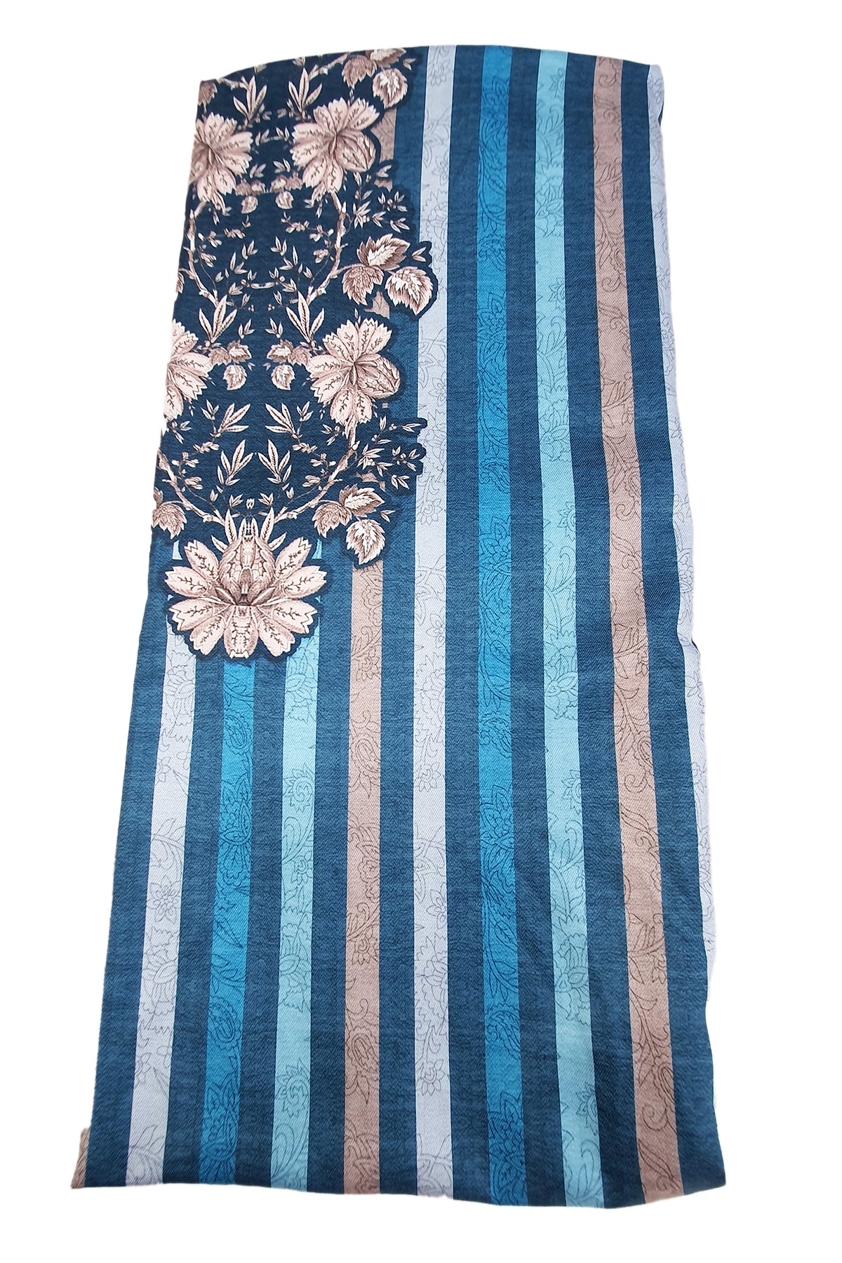 Blue Pashmina Floral With Striped Printed Unstitched Suit Set