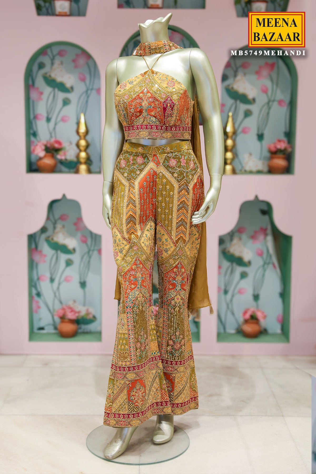 Mehandi Crepe Indo Western Crop-Top With Palazzo Set