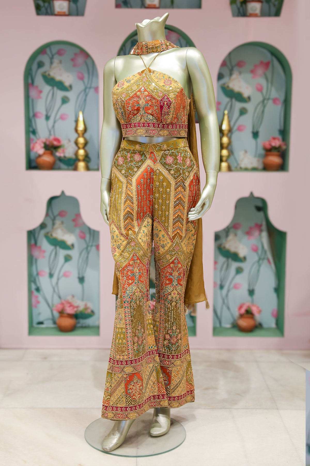 Mehandi Crepe Indo Western Crop-Top With Palazzo Set