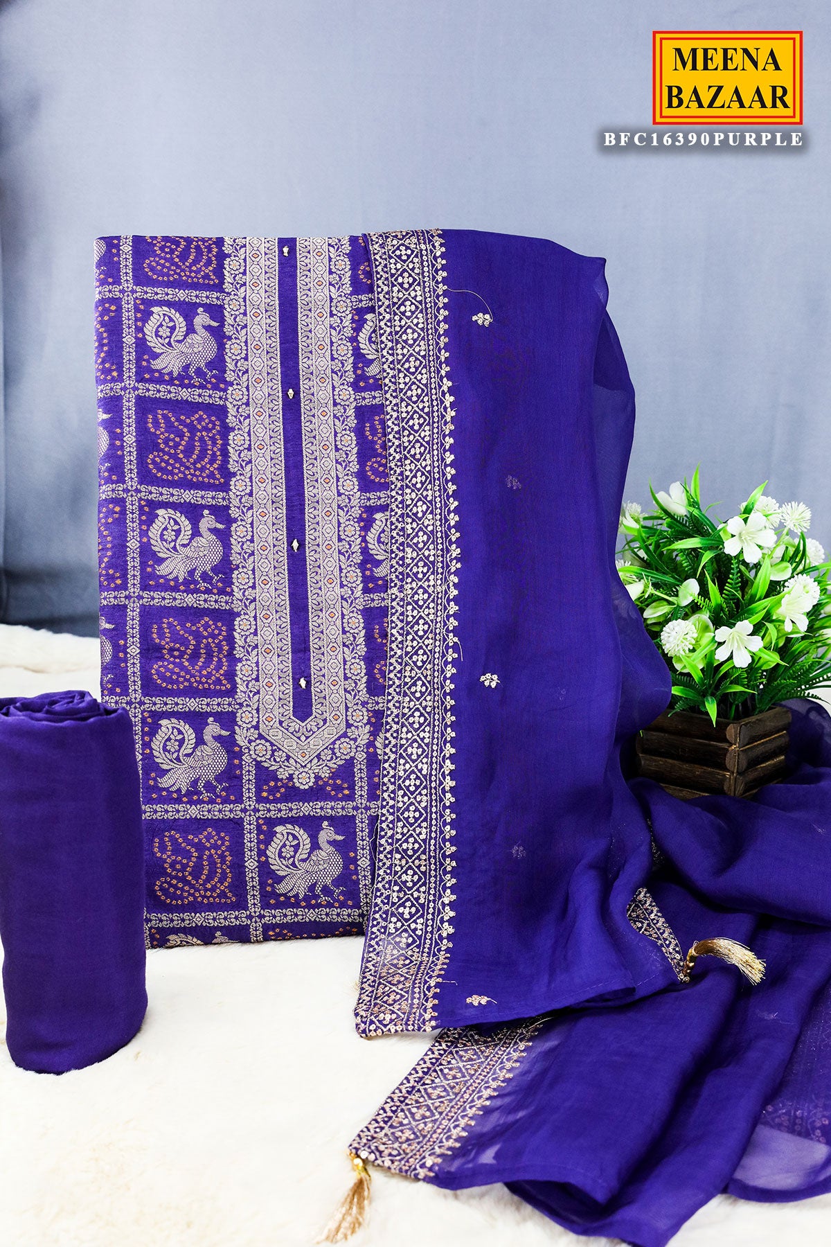 Purple Banarasi Silk Boota Weaved Unstitched Suit Set