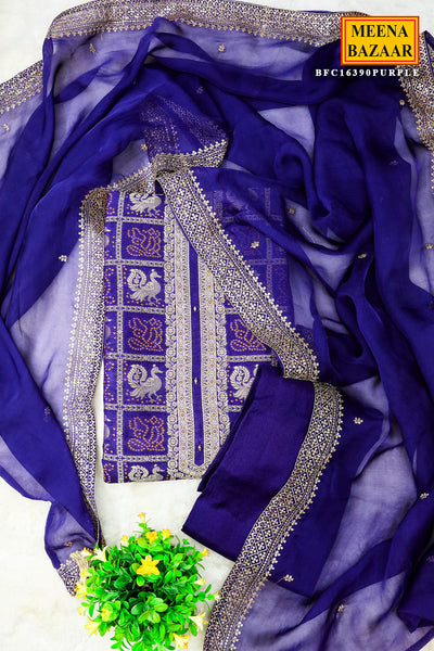 Purple Banarasi Silk Boota Weaved Unstitched Suit Set