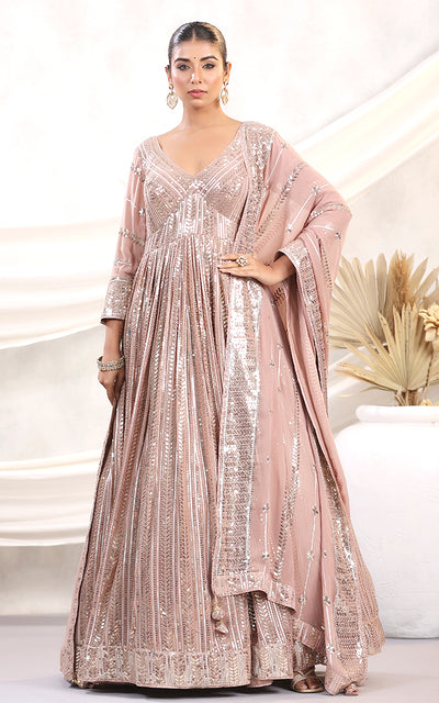 Wine Georgette Neck Embroidered Floor Length Gown with Asymmetrical Sl – Meena  Bazaar