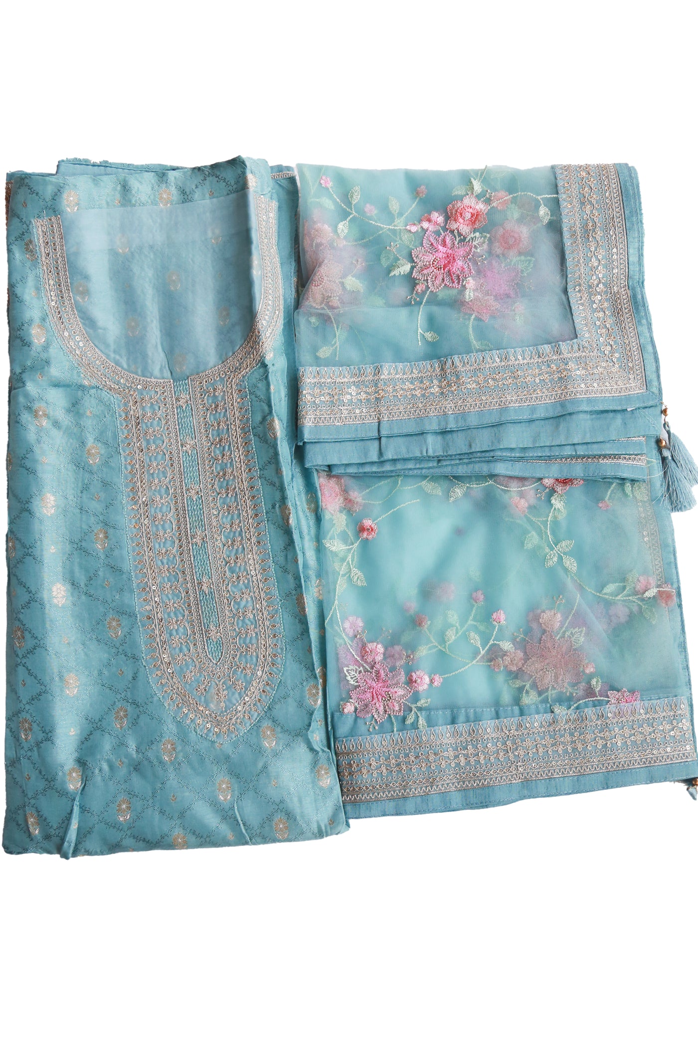 Firozi Dola Silk Zari Embroidered Suit Set