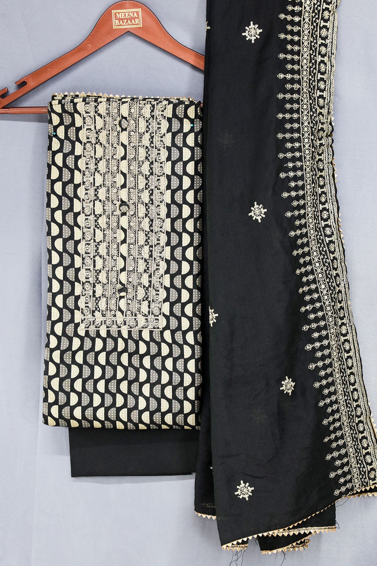 Black Cotton Printed Sequin Gota Patti Unstitched Suit Set