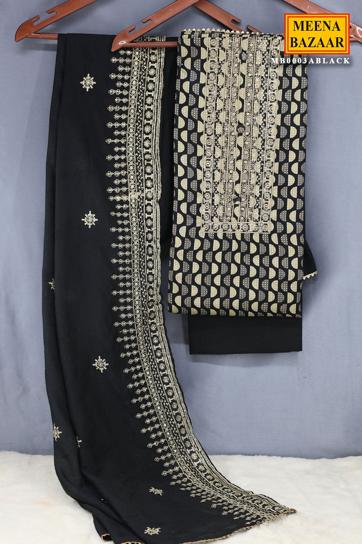 Black Cotton Printed Sequin Gota Patti Unstitched Suit Set