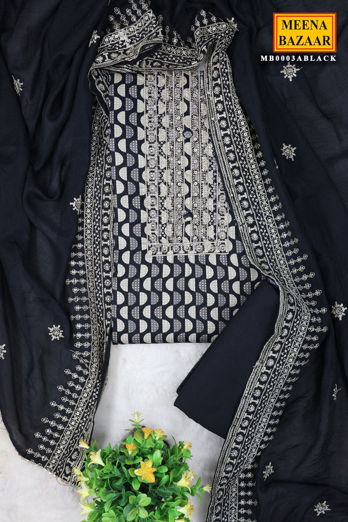 Black Cotton Printed Sequin Gota Patti Unstitched Suit Set