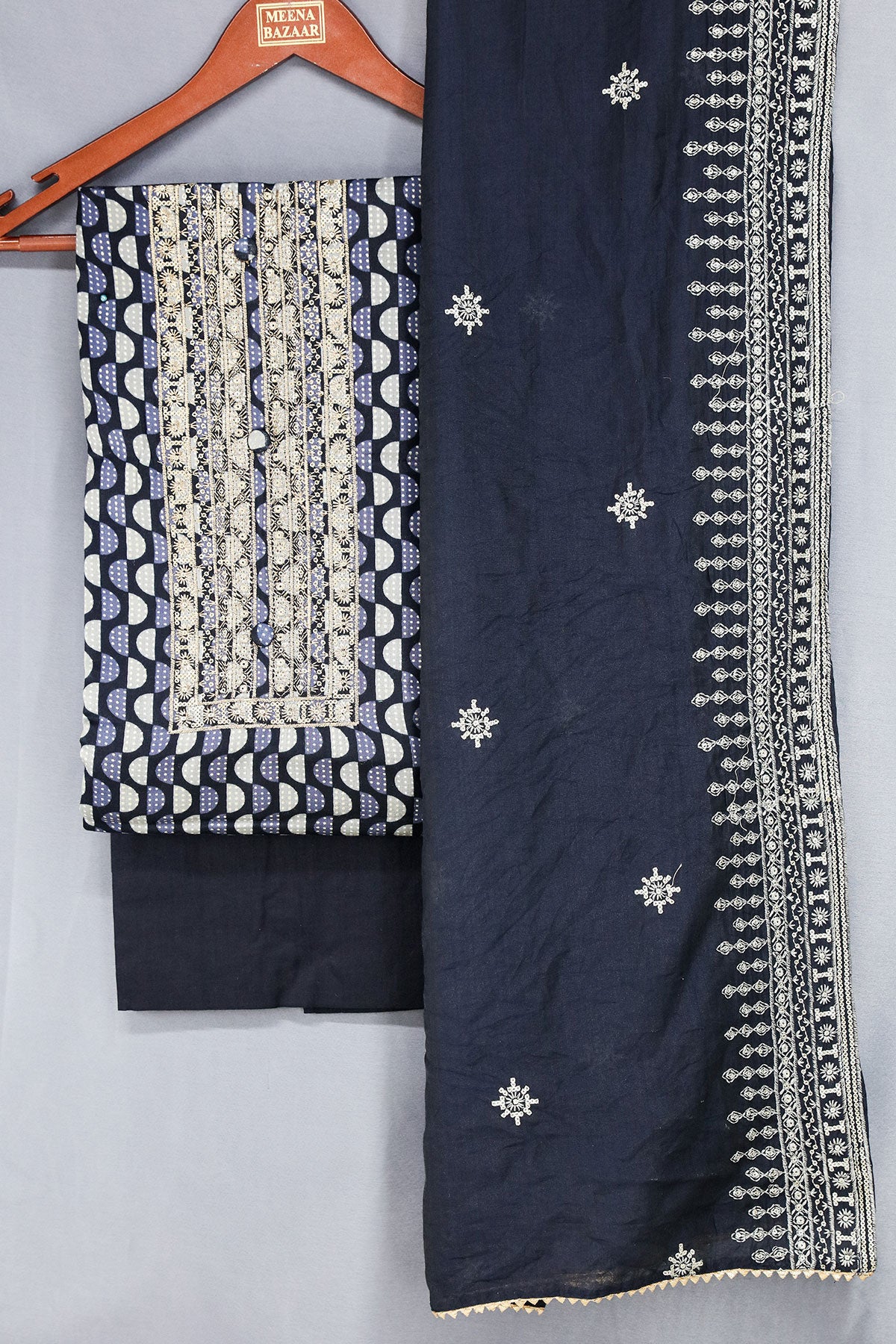 Navy Cotton Printed Sequin Gota Patti Unstitched Suit Set