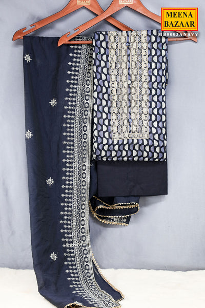 Navy Cotton Printed Sequin Gota Patti Unstitched Suit Set