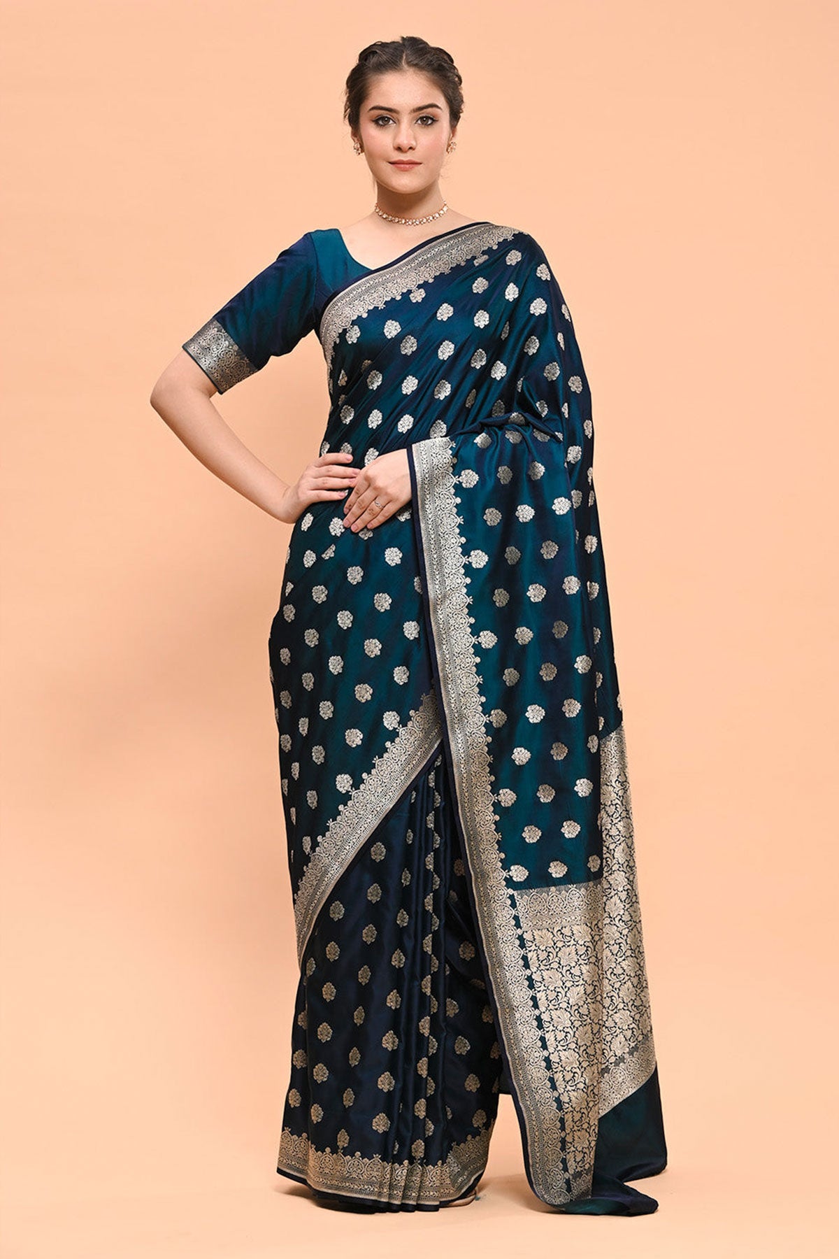 Prussian Blue Banarasi SIlk Woven Embroidered Saree