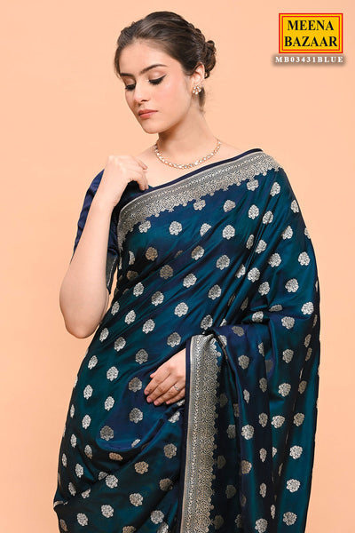 Prussian Blue Banarasi SIlk Woven Embroidered Saree