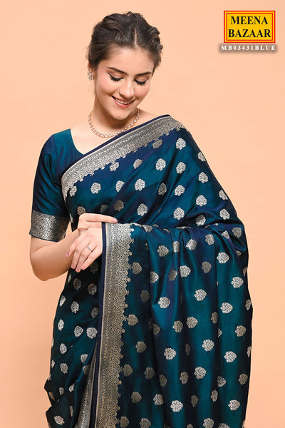 Prussian Blue Banarasi SIlk Woven Embroidered Saree