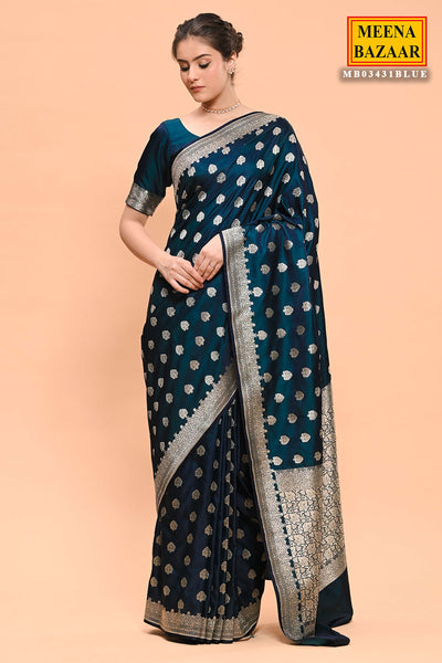 Prussian Blue Banarasi SIlk Woven Embroidered Saree