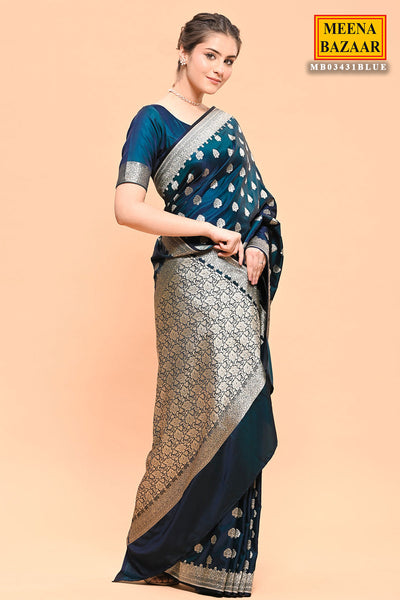 Prussian Blue Banarasi SIlk Woven Embroidered Saree