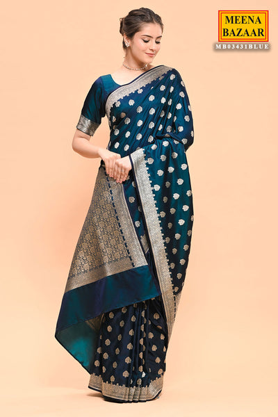 Prussian Blue Banarasi SIlk Woven Embroidered Saree