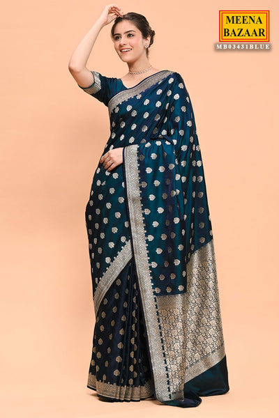 Prussian Blue Banarasi SIlk Woven Embroidered Saree