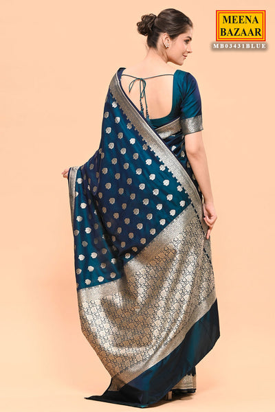 Prussian Blue Banarasi SIlk Woven Embroidered Saree