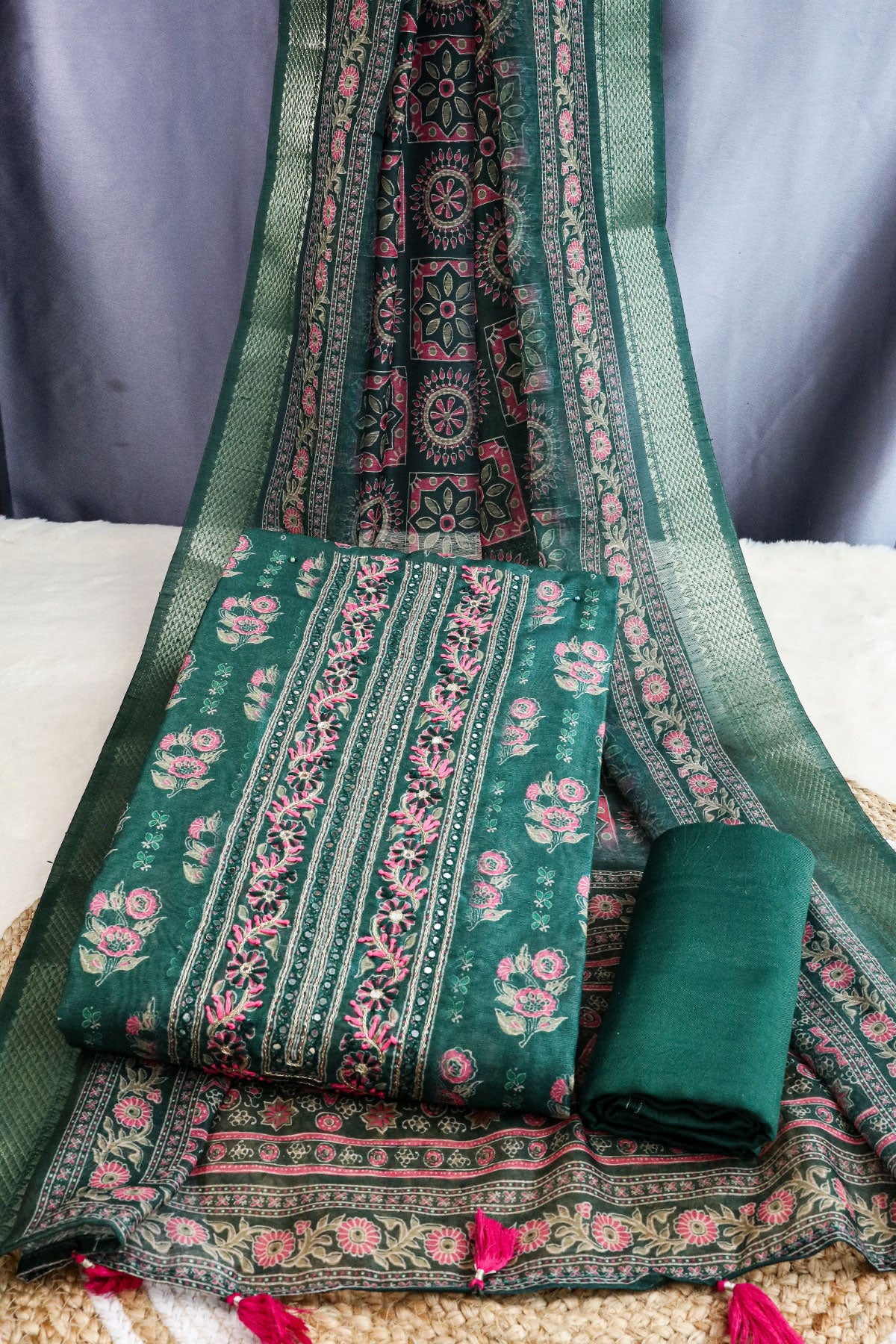 Green Chanderi Floral Printed Suit Set