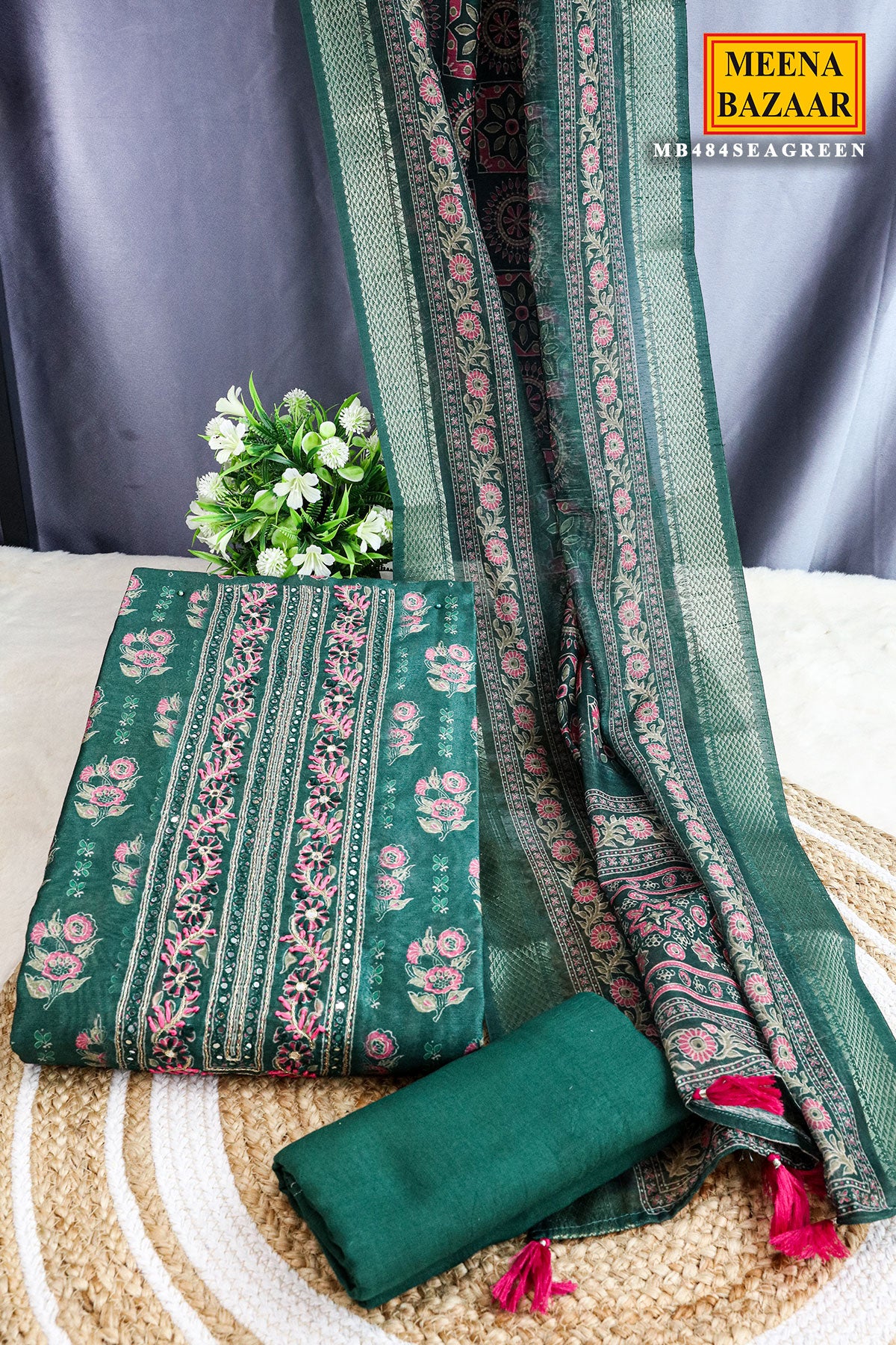 Green Chanderi Floral Printed Suit Set