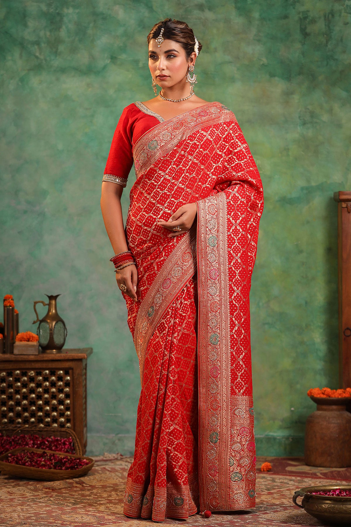 Red Georgette Cut-Dana Embroidered Saree