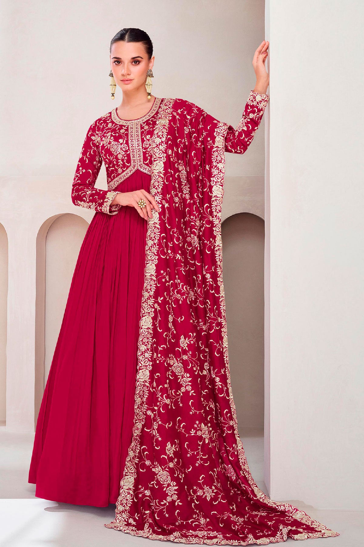 Rani Schiffli Boral Work Embroidery Gown With Dupatta