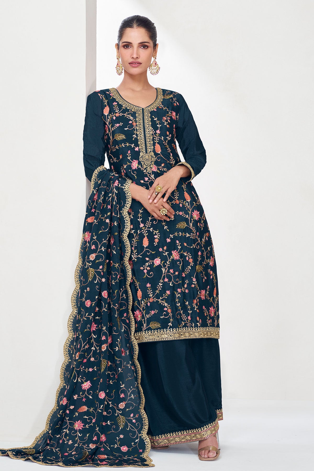 Navy Chinon Silk Thread, Sequin Embroidered Suit