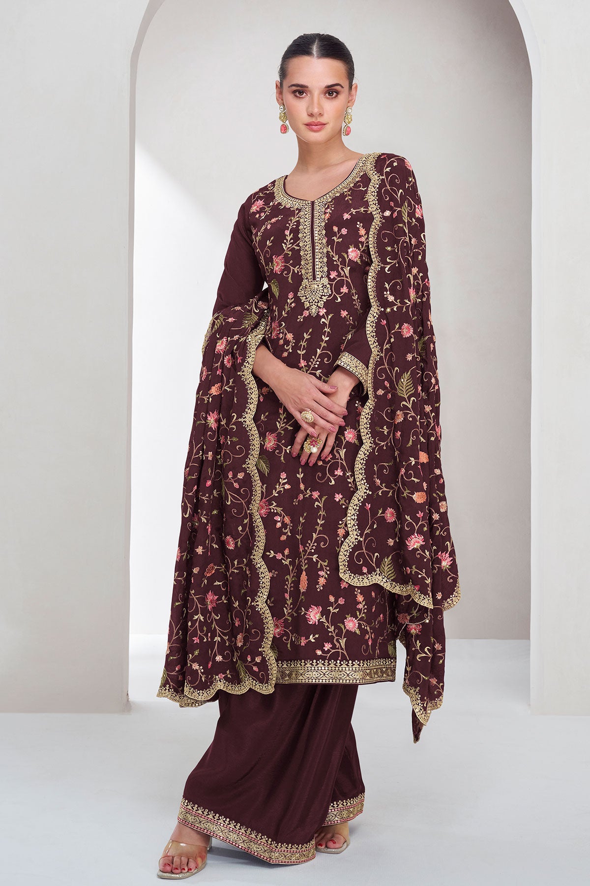 Wine Chinon Silk Thread, Sequin Embroidered Suit