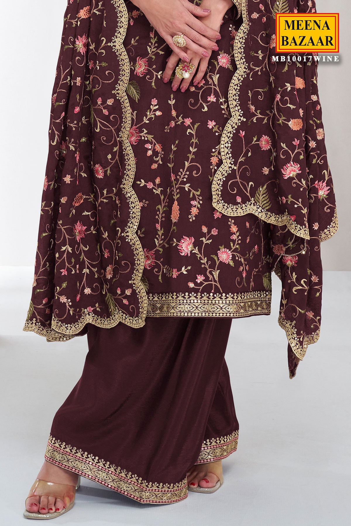 Wine Chinon Silk Thread, Sequin Embroidered Suit