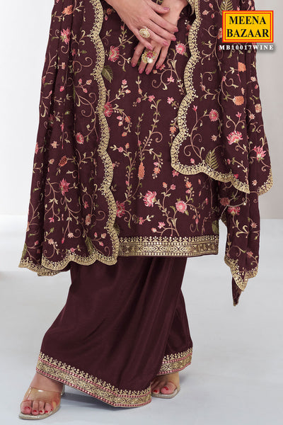 Wine Chinon Silk Thread, Sequin Embroidered Suit