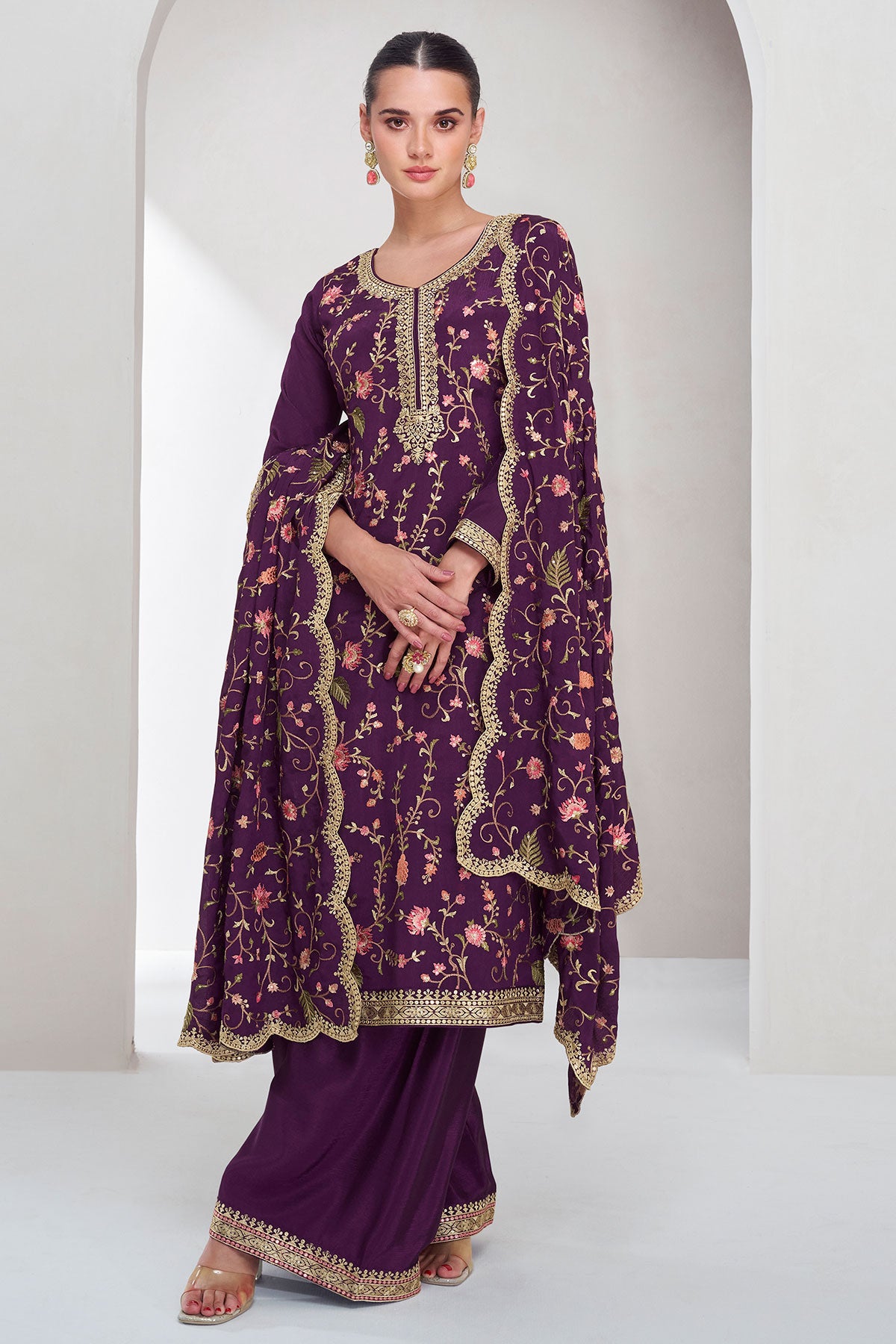 Purple Chinon Silk Thread, Sequin Embroidered Suit