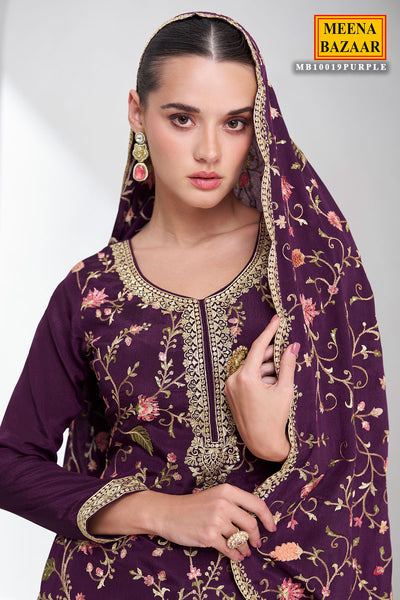 Purple Chinon Silk Thread, Sequin Embroidered Suit