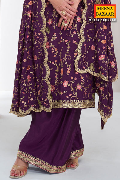 Purple Chinon Silk Thread, Sequin Embroidered Suit