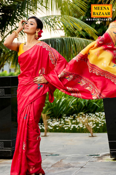 Red Tussar Silk Kantha Embroidered Saree
