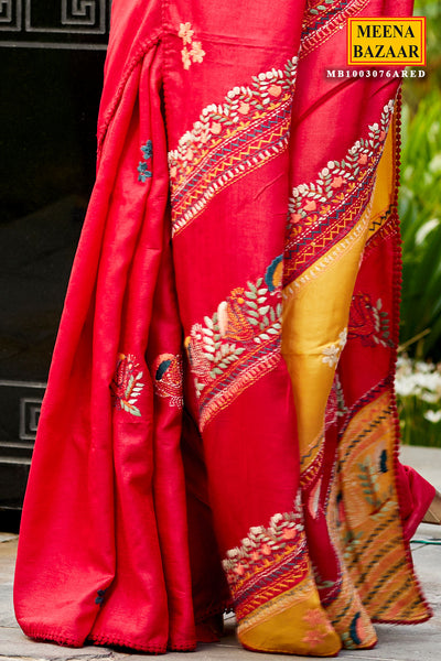 Red Tussar Silk Kantha Embroidered Saree