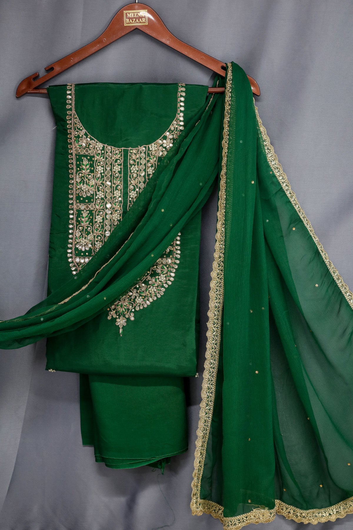 Bottle Green Crepe Silk Gota Patti Embroidered Unstitched Suit