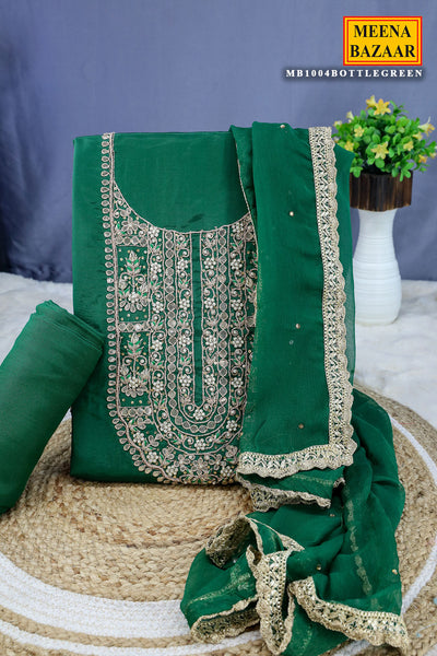 Bottle Green Crepe Silk Gota Patti Embroidered Unstitched Suit