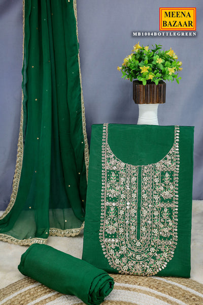 Bottle Green Crepe Silk Gota Patti Embroidered Unstitched Suit