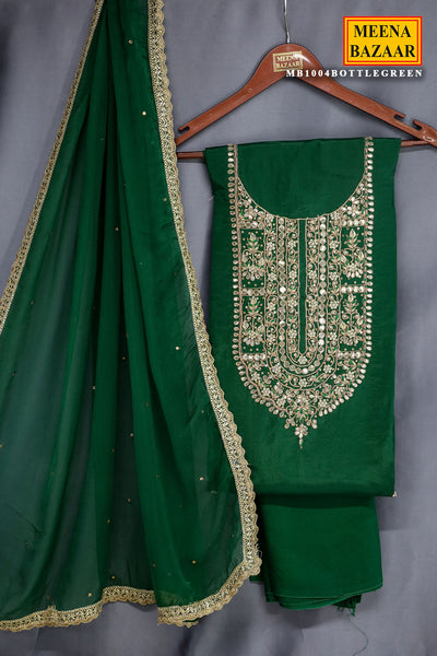 Bottle Green Crepe Silk Gota Patti Embroidered Unstitched Suit