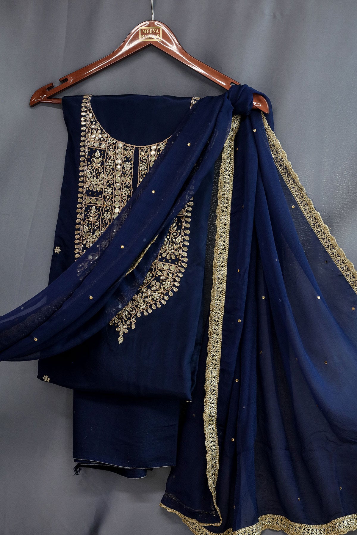 Navy Crepe Silk Gota Patti Embroidered Unstitched Suit