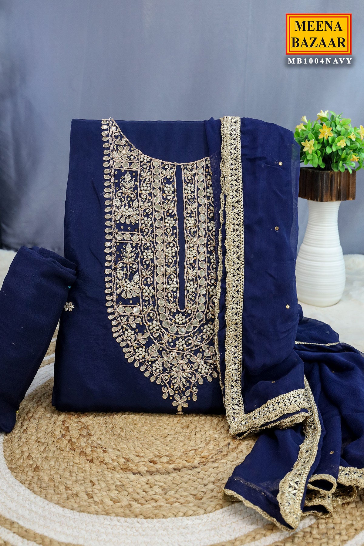 Navy Crepe Silk Gota Patti Embroidered Unstitched Suit